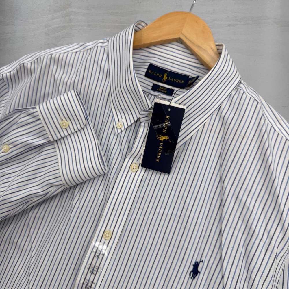 Polo Ralph Lauren Button Down Shirt Blue Navy Striped Slim Fit Easy Care XXL